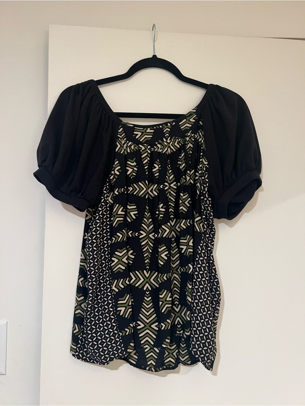 Anthropologie Maeve Black Blouse with Olive & Cream Geometric Print